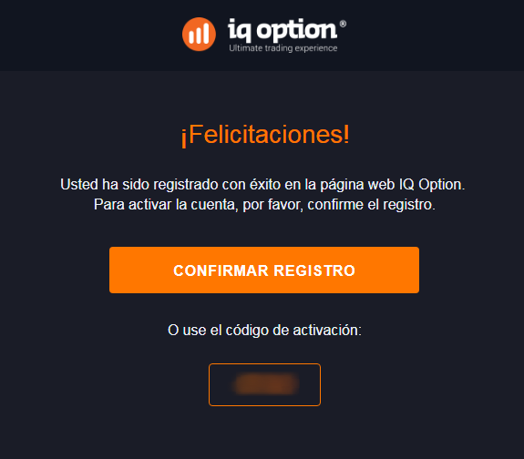 Confirmación registro iq option