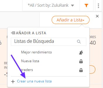 lista de selección de búsqueda avanzada de zulutrade