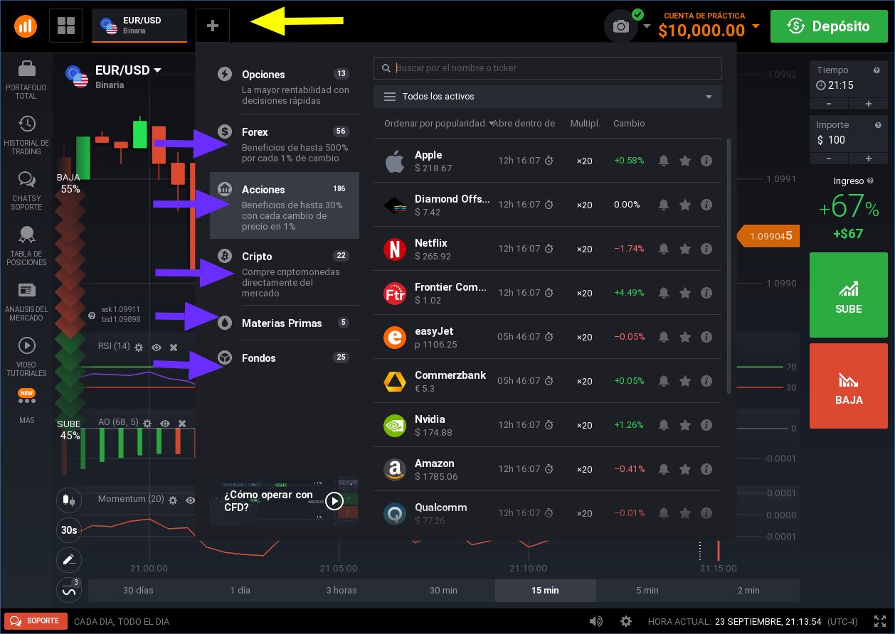 Menú CFDs en iq option