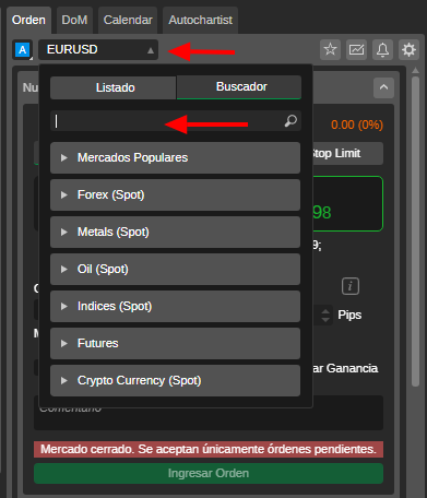 Herramienta de busqueda ventana de ordenes ctrader pepperstone