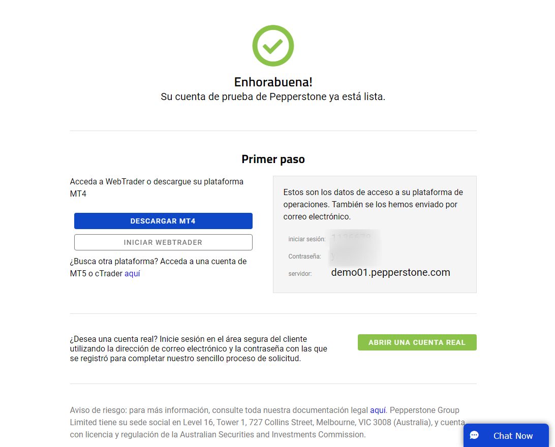 Información de cuenta para la plataforma pepperstone