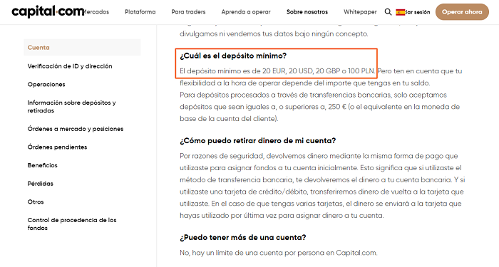 deposito minimo Capital