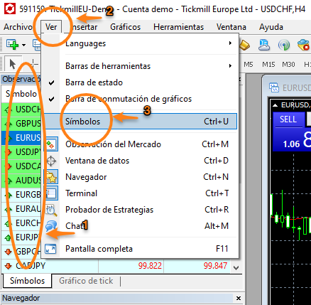 mt4 Tickmill buscar eur usd
