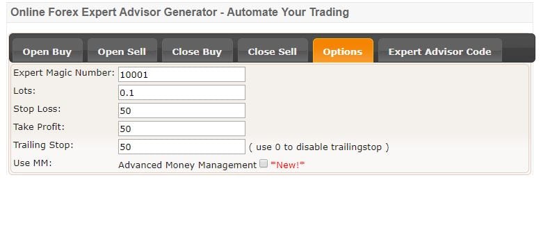 campos Options del EA